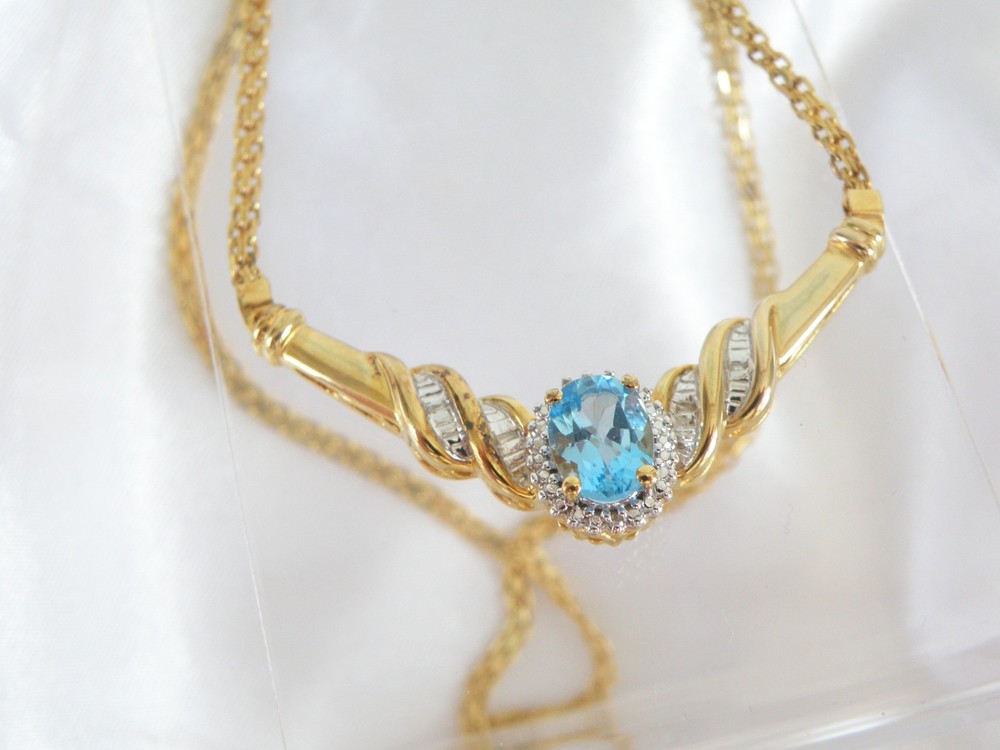 14K Gold on Sterling Silver 925 Natural Heated Blue Topaz Diamond Necklace 18″