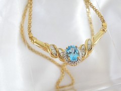 14K Gold on Sterling Silver 925 Natural Heated Blue Topaz Diamond Necklace 18″