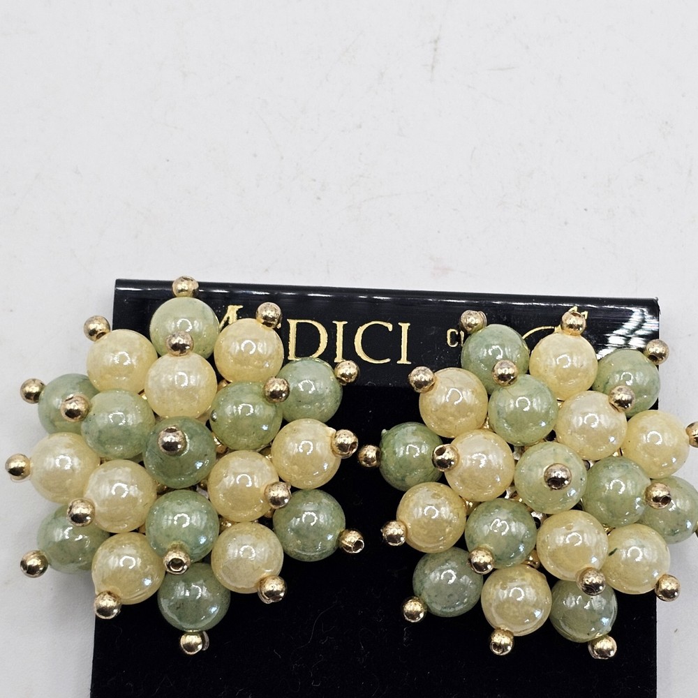 MEDICI VINTAGE NIP STATEMENT CLIP ON EARRINGS Cluster Beads GOLD TONE