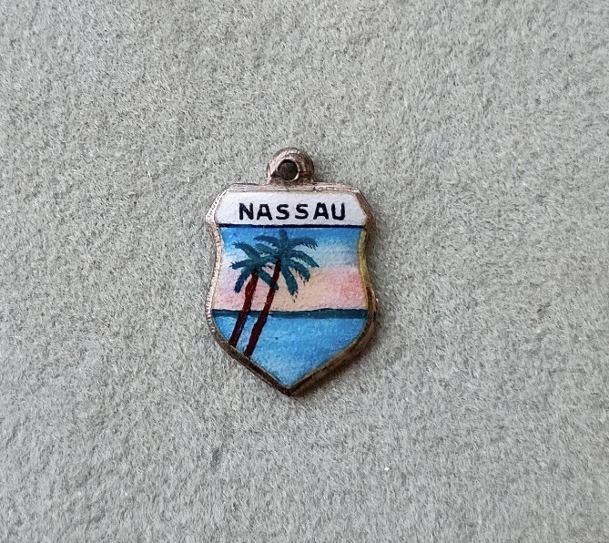 Vintage Sterling Silver Charm Bahamas Travel Shield Palm Tree Ocean Enameled