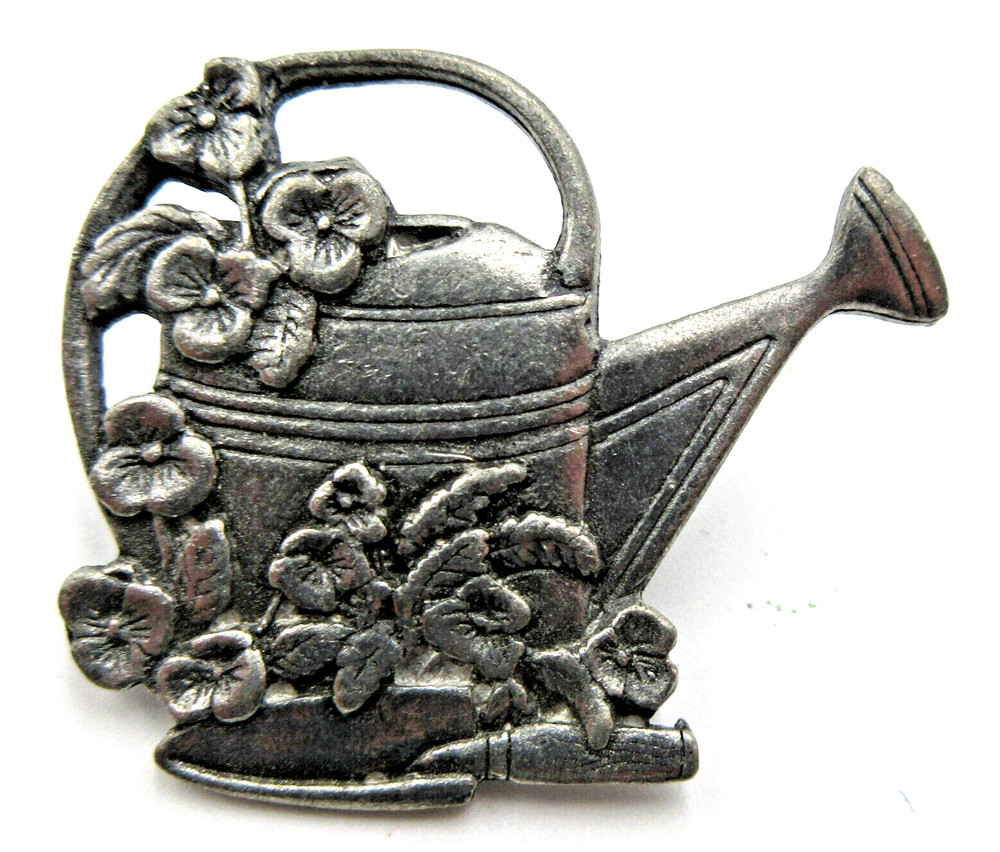 VTG BIRDS &BLOOM silver tone plant leaf watering can shovel Brooch gold tone Pin