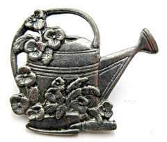VTG BIRDS &BLOOM silver tone plant leaf watering can shovel Brooch gold tone Pin