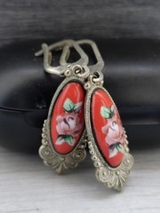 Vintage Enamel Russian Rostov Finift Earrings USSR Soviet Porcelain Hand Painted
