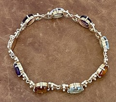 Vintage C.1950s 14Kt Rose Gold Natural Oval Multi-Gemstones Link Bracelet 7.5”in