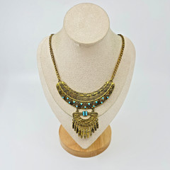 VTG Retro Antique Gold Tone Bib Statement Necklace Boho Turquoise Color Accents