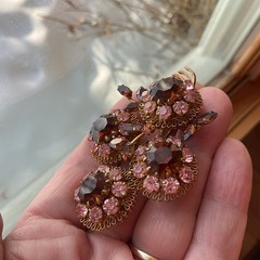 Austria Vintage Amber Pink Rhinestone Facet Brooch Wired 3D Layered Prong 3”