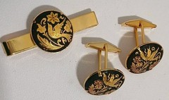 Vintage Damascene Spain Bullet Back Cufflinks And Tie Bar