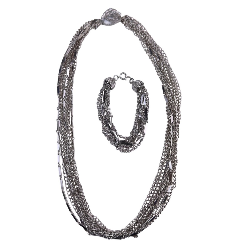 Vintage Unknown Womens Silver Tone Metal Multi Chain Necklace & Bracelet Set