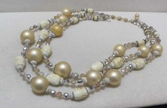 Vtg VENDOME Creamy Beige Sugar Glass Bead Aurora Borealis Crystal 3-Strand Neckl