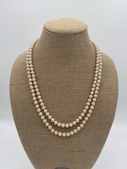 Vintage Hand Knotted Faux Pearl Double Strand Rhinestone Floral Clasp Necklace