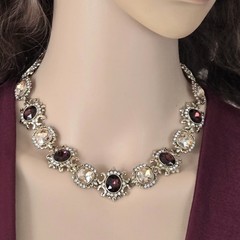 Simulated Chocolate Garnet & Aurora Borealis Rhinestone Choker Necklace 17″