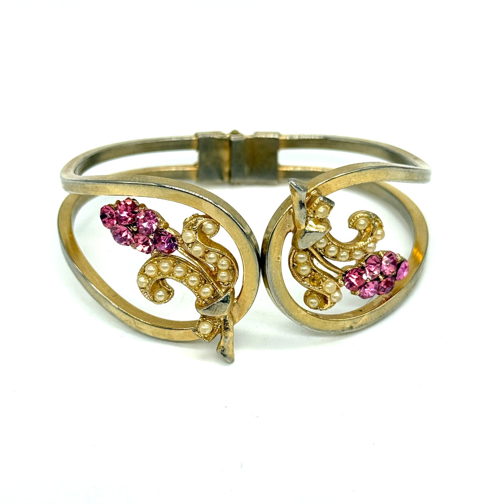 Vintage Clamper Bracelet Pink Rhinestone Flowers Cream Beads 1 missing Gold Tone