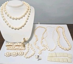 Vtg LOT Graduated Carved Rose Bead Elephant Necklaces Krememtz Rose Brooch ERs +