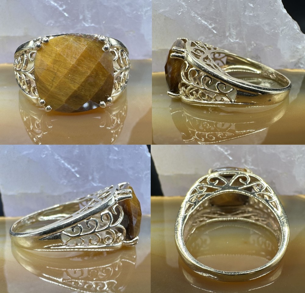 Tigers Eye 10k Yellow Gold Ring Large Vintage Filigree Cocktail Dome Size 8.5
