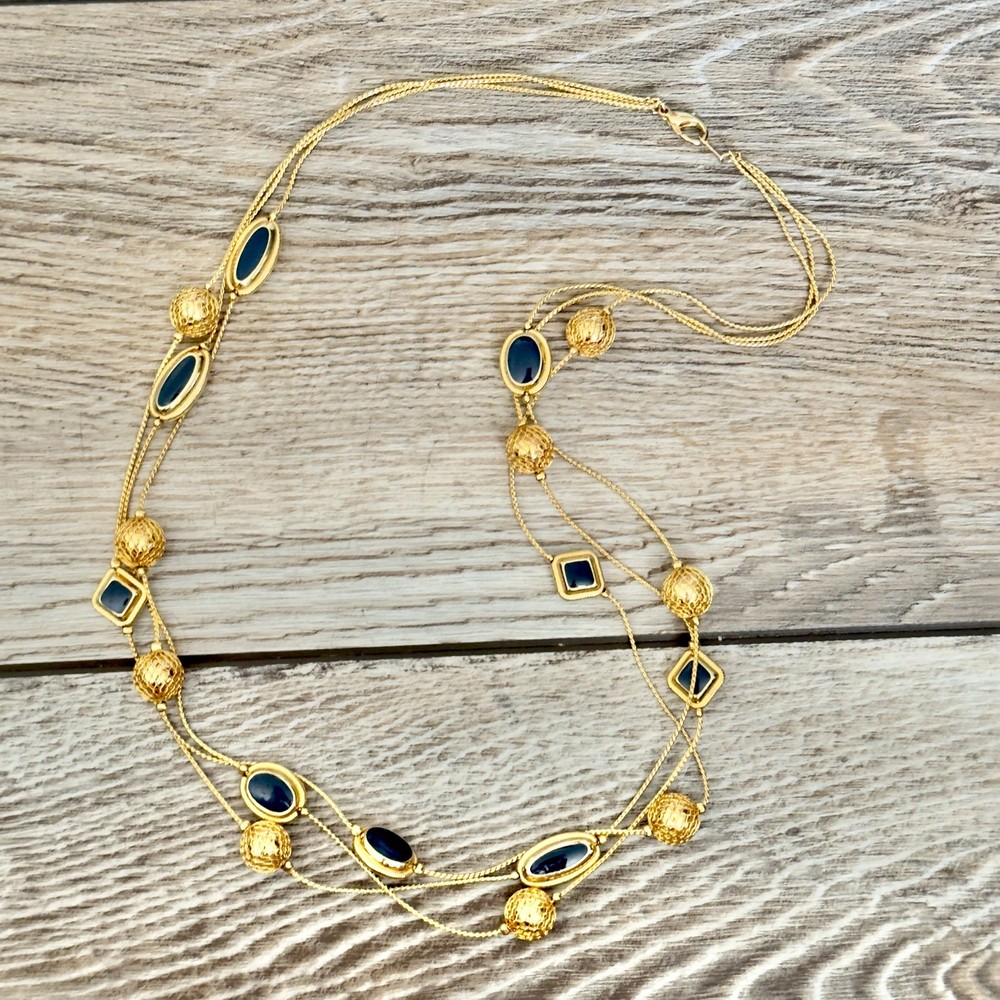 Triple Strand Enamel & Gold Tone Beaded Station Chain Necklace
