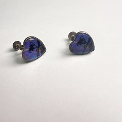 Vintage Butterfly Wing Tropical Palm Tree Scene Heart Shape Screw Back Earrings