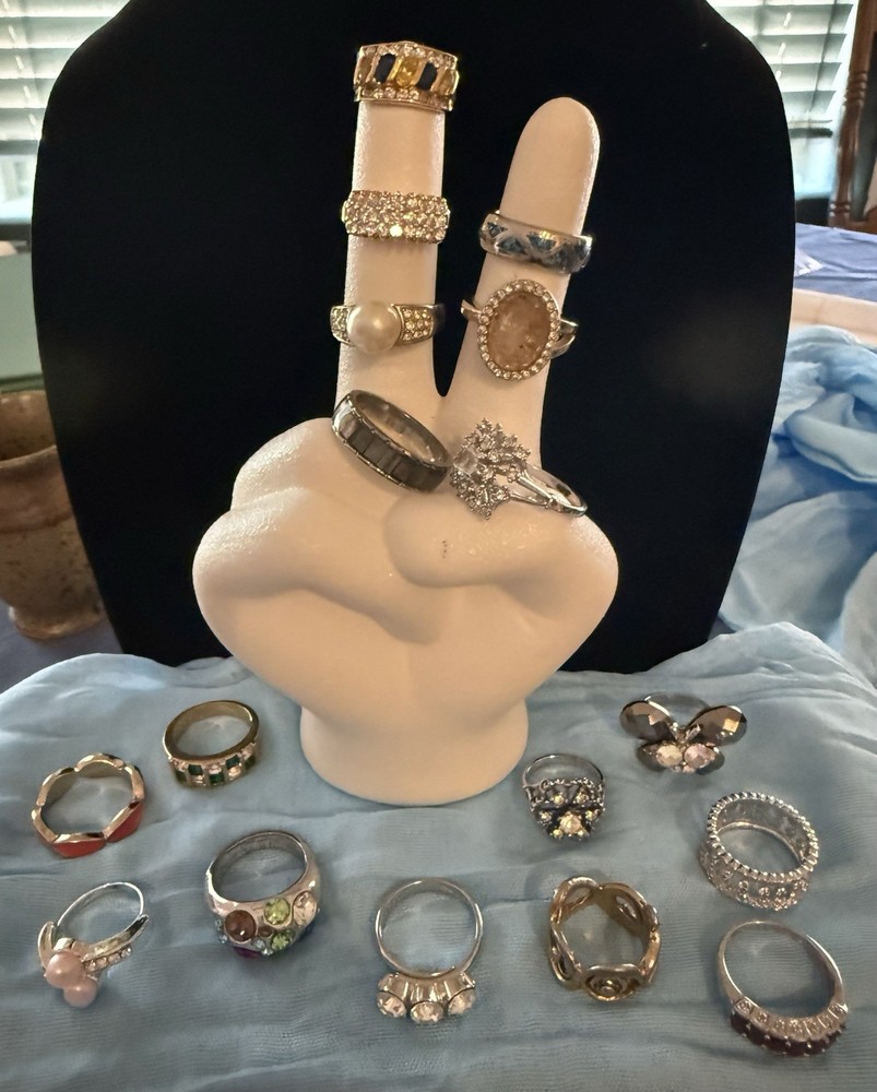 Vintage Mixed Lot of 17 Rings with Assorted Simulated Gemstones and Mixed Metals