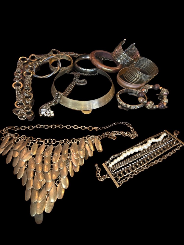 Bronze & Brass Toned Costume Jewelry Lot Bracelets Bib Choker Torque Necklace