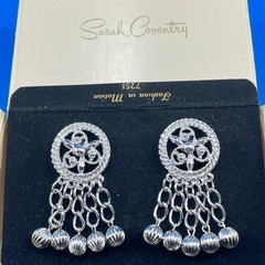 Sarah Coventry Fashion in Motion Earrings Silver 1.75in VTG 1970s Dangle Clip On