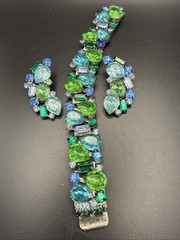 Juliana Style 1950’s Statement Rhinestone Bracelet Clip On’s Rare Blue Green