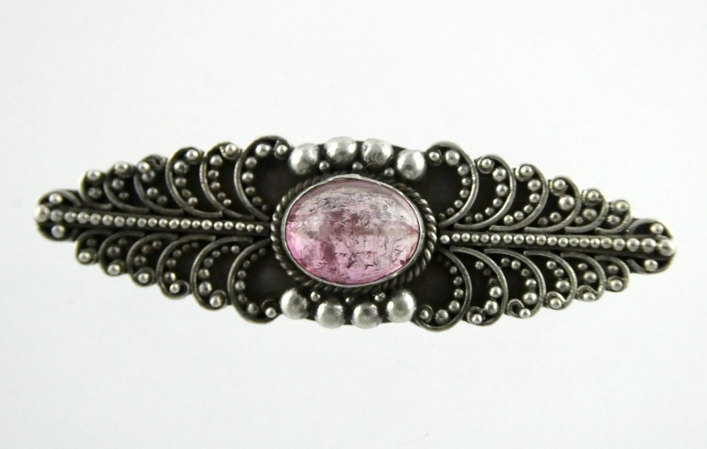 Vintage Sterling Silver Pink Tourmaline Cabochon Curled Scrolls Pin Brooch 925