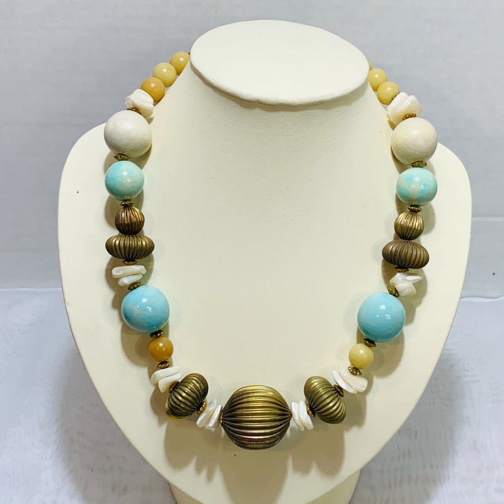 Vintage Designed By Paula Faux Necklace wood, plastic, metal & stone teal bronze