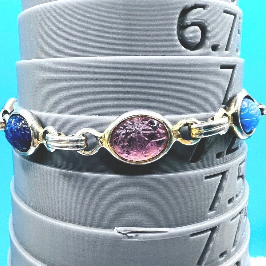 Vintage Egyptian Revival Scarab Bracelet Safety Chain Acrylic Silver Tone 7.25″