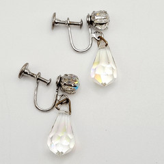 Vintage AB Crystal Faceted Teardrop Prism Drop Dangle Fancy Screw Back Earrings