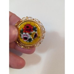 VTG Italian Micro mosiac brooch pin ornate filagree round yellow & floral marked