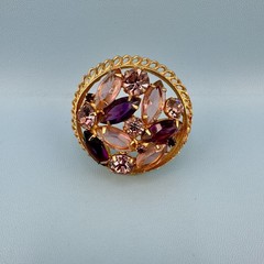 Vintage Rhinestone Brooch Round Pink Purple Marquise Stones Open Back Gold Tone