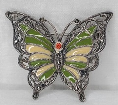 Vintage Sterling Silver Butterfly Brooch Green Yellow Enamel Wings Figural Pin