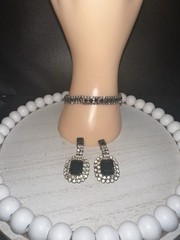 Vintage Clear Black Rhinestone Bracelet Clip-On Earrings Set Emerald Cut Costume