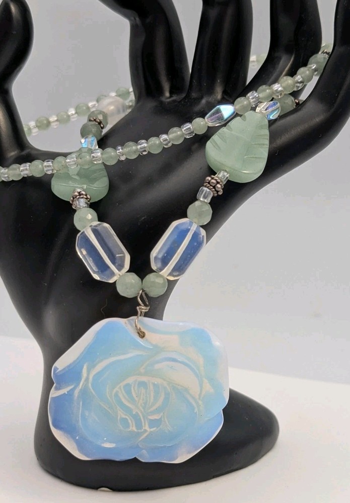 Vtg Sterling Silver Large Opalite Rose Flower Carved Jade Leaf Necklace