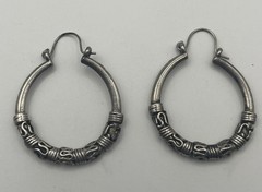 Vintage Sterling Silver Bali Tribal Hoop Earrings Oxidized Wire Wrap Design
