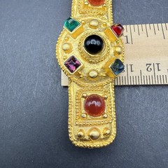 Vintage Gold Tone Multi-Color Cabochon & Faceted Glass Bar Brooch 2.5” Statement