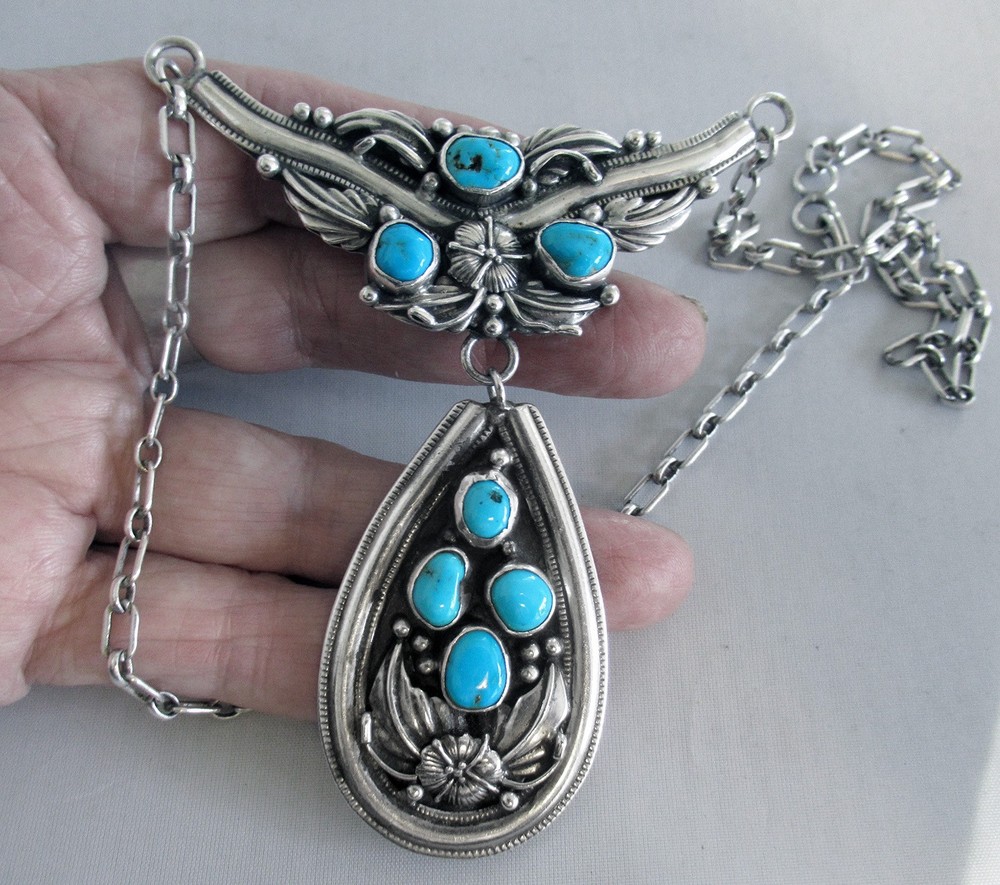 BIG CAROL FELLEY SOUTHWEST STERLING NECKLACE, 48 GRAMS, 3 1/8 x 3 INCHES PENDANT