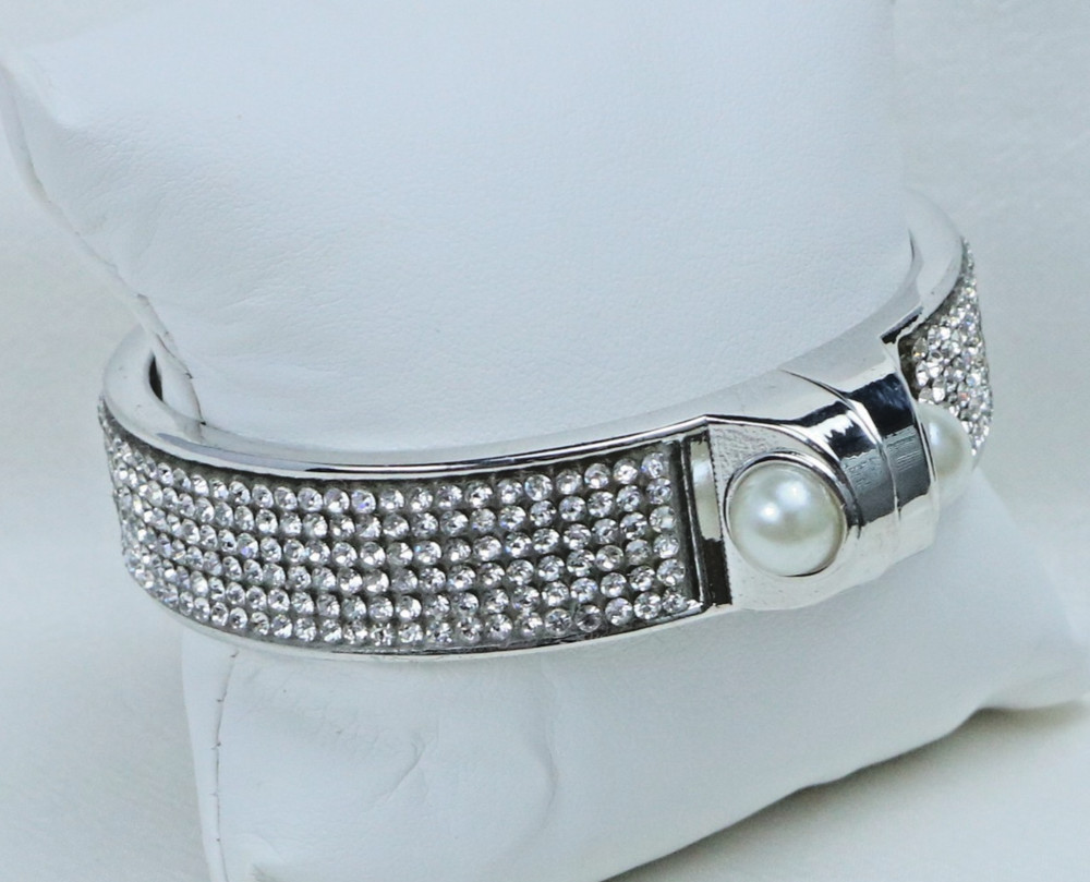 Silver Rhinestone Cuff Bracelet Faux Pearl Accent Hinged Statement Bangle