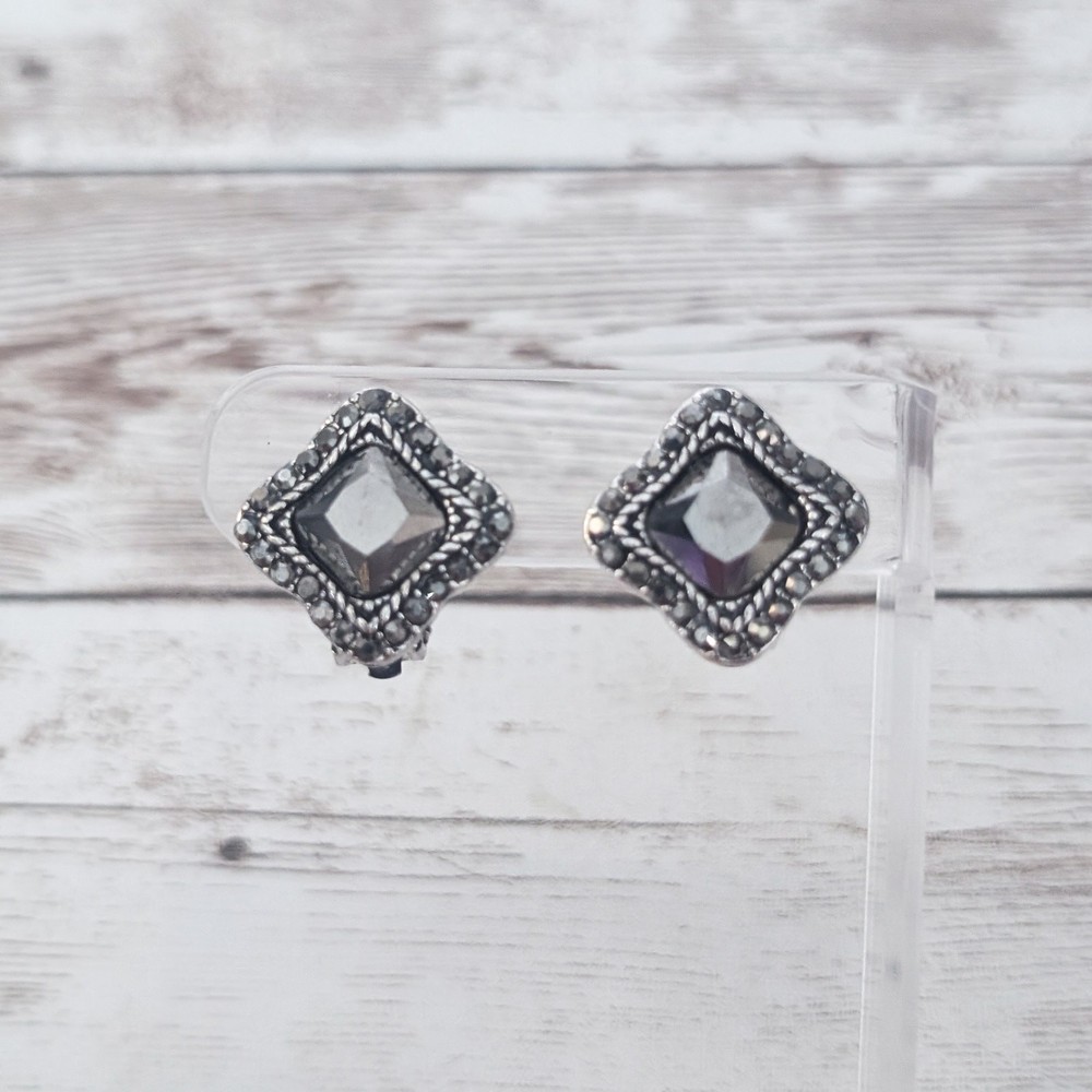 Vintage Clip On Earrings Silver Tone & Dark Grey Unusual