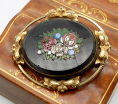 Antique Victorian Micro Mosiac Flower Brooch Gold Filled Black AS IS