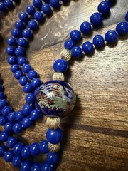 Beautiful Knotted Blue Glass and Gold Beads with Large Dragon/Phoenix Beads, 36”