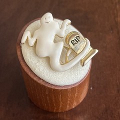 Vintage Halloween White Enamel Ghost And Tombstone Brooch Signed SFJ