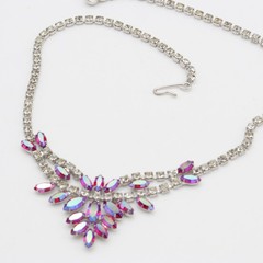 Vtg B. David Rhinestone Necklace Pink AB Red Clear Choker Signed Marquise