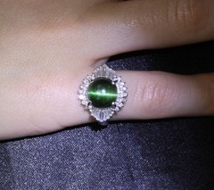 Vintage 4.02ct Cats Eye Green Tourmaline & 0.50ct Diamond Platinum Ring Size 5.5