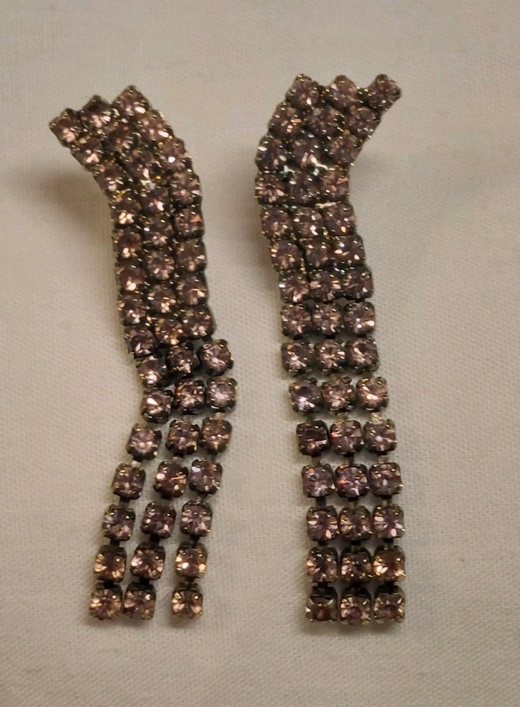 Vintage Pink Rhinestone Dangle Earrings Waterfall Fringe 1950s 1970s Costume