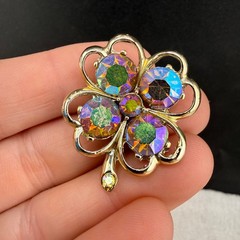 Vintage Four Leaf Clover Rhinestone Brooch Clip On Earrings Set Gold Tone AB