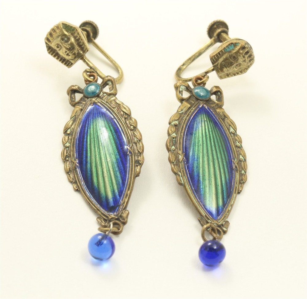 Vintage Art Deco Egyptian Revival Czech Enamel Pharaoh Dangle Screwback Earrings