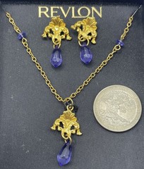 Vintage REVLON SET Gold Tone Purple Crystal Dangle Pendant Necklace Earrings