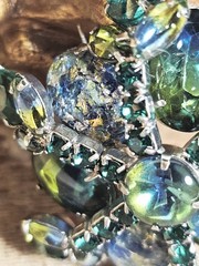 VTG Silvertone Blue & Green Split Color, Confetti Glass, Rhinestone Floral…