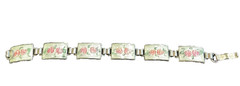 Vintage Sterling Silver Guilloche Enamel Pink Roses Link Bracelet