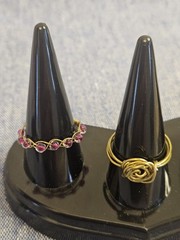 Handmade Gold Tone Wire Wrap Ring Set Of 2 w Rose & Round Pink Glass Beads USA 8